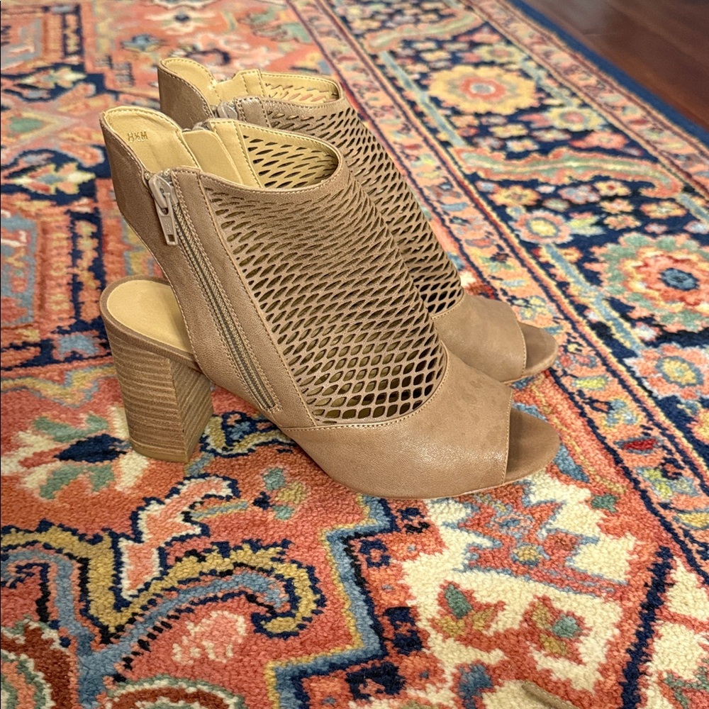 Vaneli Taupe Mesh Peep-Toe Block Heel Sandals